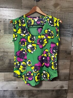 J. Crew Green Floral Sleeveless Blouse with Pink & Yellow Blooms 2